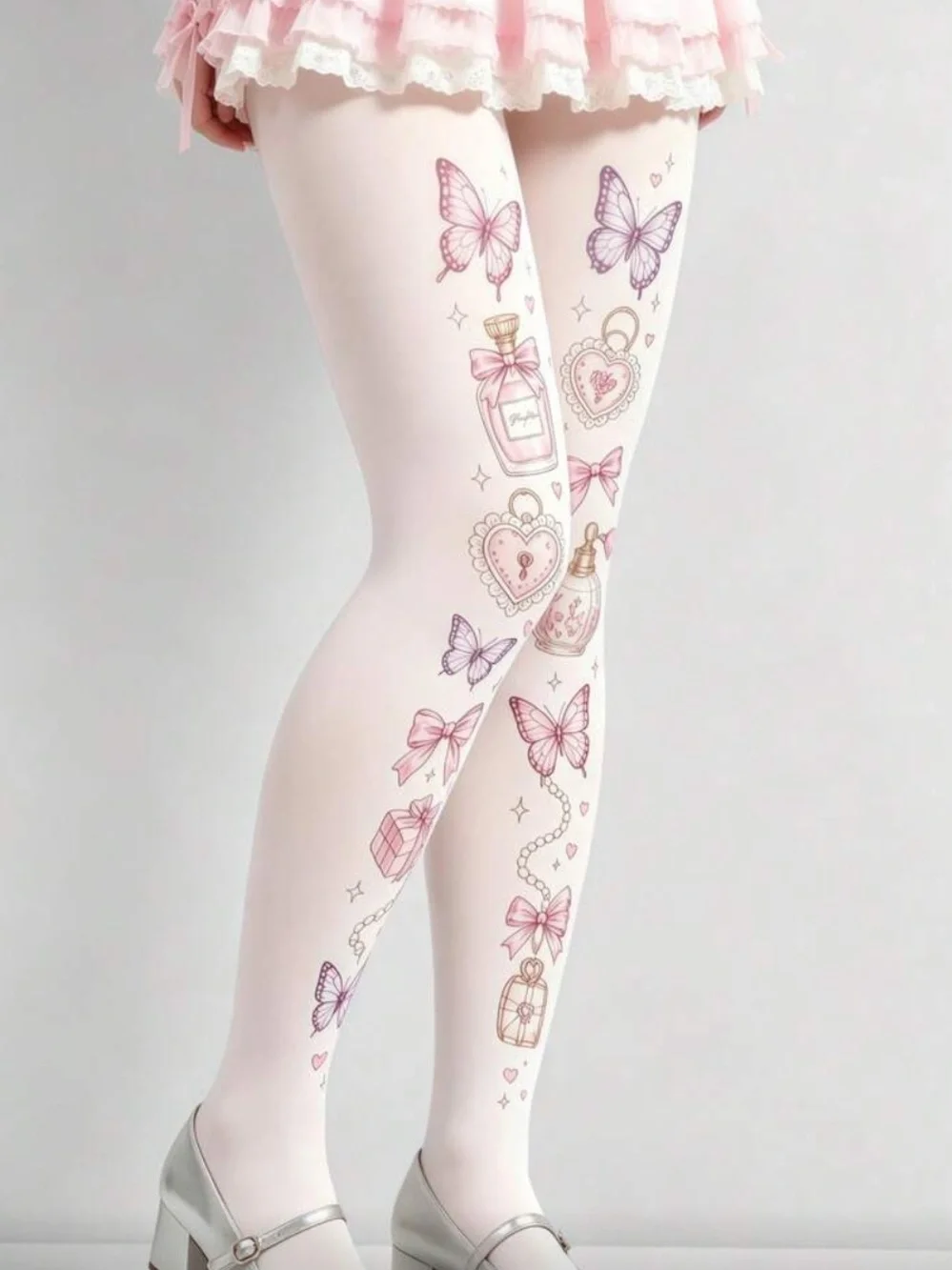 Cute White Floral & Butterfly Printed Tights for Women